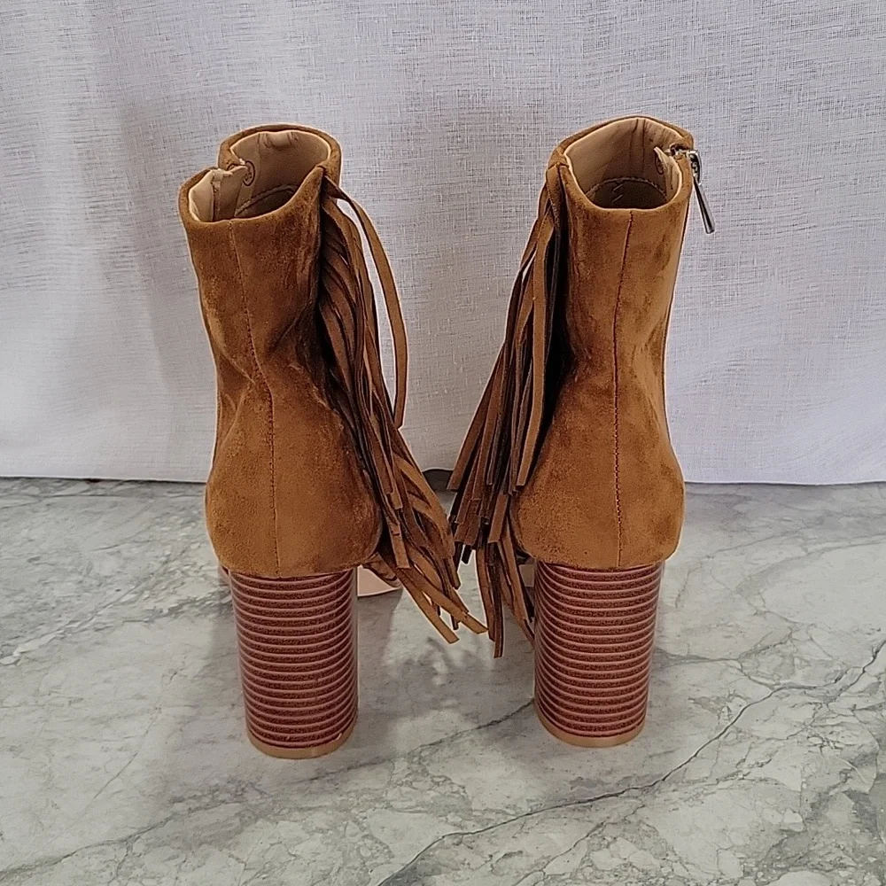 Women's Square Toe Chunky Block Heel Fringe Side Zipper Ankle Boots - Picture 6 of 9